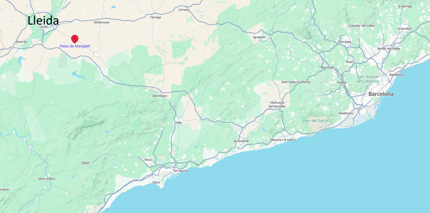 15 km, 18 minutes en voiture depuis Lleida Carte de la Catalogne montrant l’itinéraire entre Lleida et le Palau de Margalef par rapport à Lleida-Barcelone